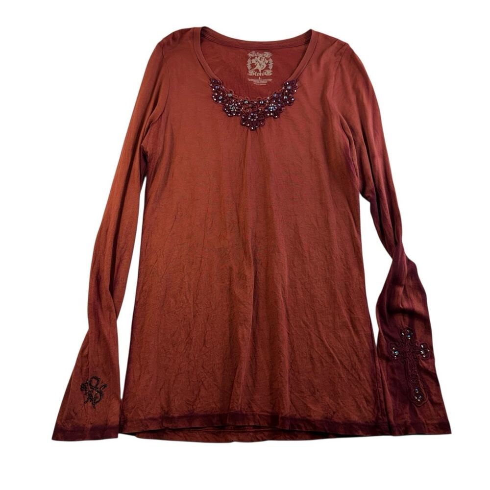 Velvet Stone L Large Shirt Rhinestone Bling Biker Grunge Cross Top Embroidered